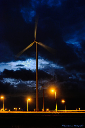NIKON D800:  Windmill Farm, North Sea Coast, Night, Netherlands